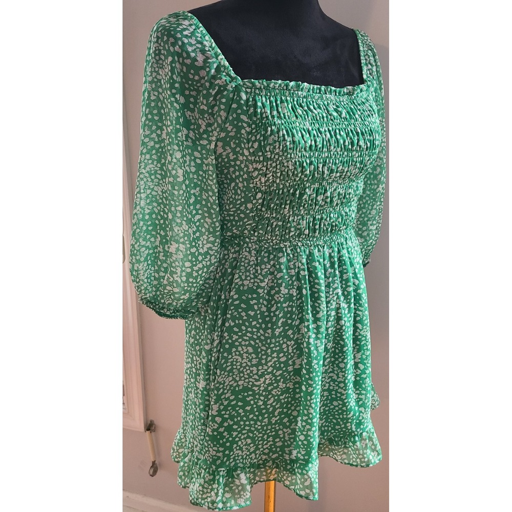Sienna Sky Green/White Floral Square Neck Puff Sleeve Mini Dress M